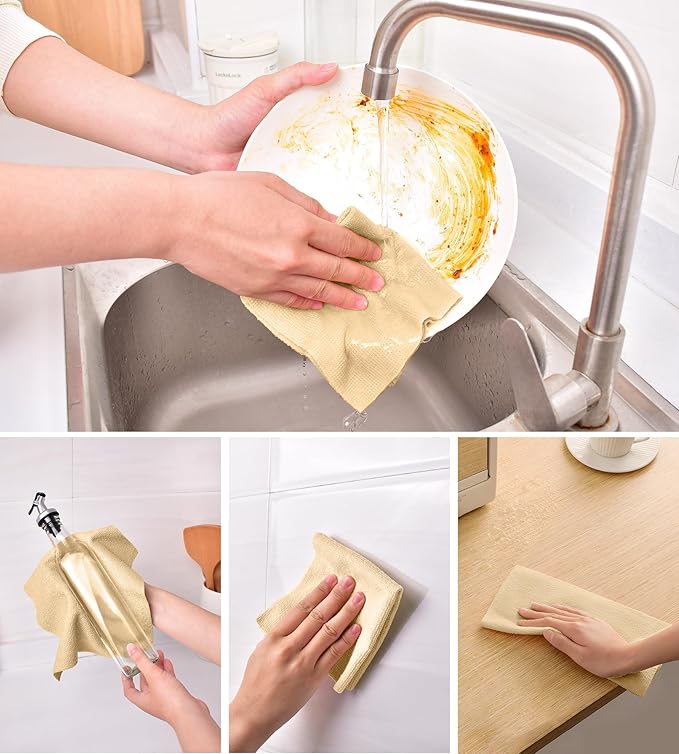 KitchLife Microfiber Cleaning Cloth Roll, 100 Pack - Tear-Away Microfiber Paper Towels, Lint-Free, Reusable, Washable for Kitchen, Car, Dishes, and Sensitive Surfaces (Wheat)