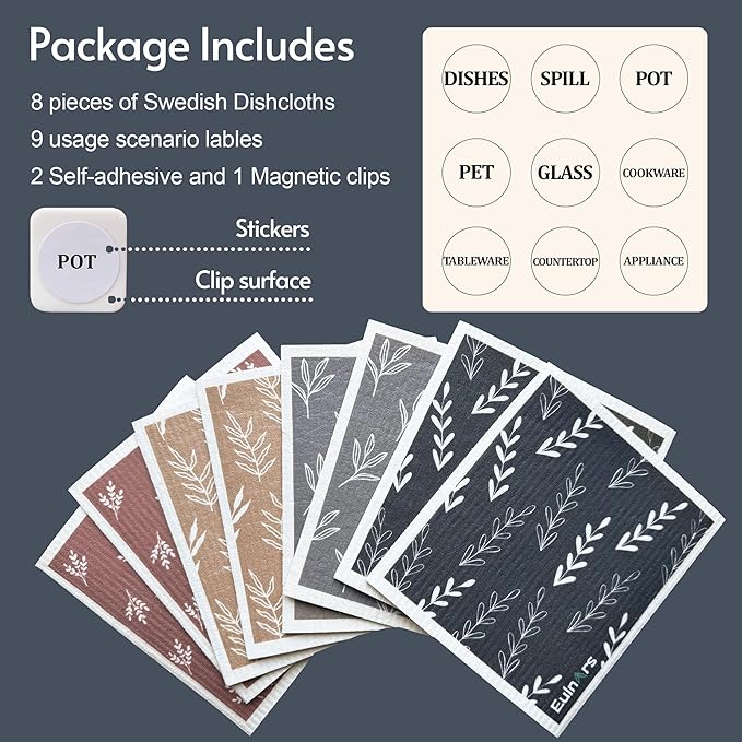 Swedish Dishcloths, 8 Pack Reusable Paper Towels with Clips, Quick Drying Dish Towels, Super Absorbent Cellulose Sponge Cloths, No Odor, Kitchen Cleaning Essentials