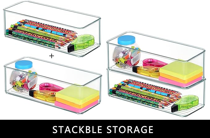 8 PACK Clear Stackable Drawer Organizer Bins, Plastic Organizer Bins for Cutlery Vanity Storage Tray for Bathroom Kitchen Office Desk Organizing