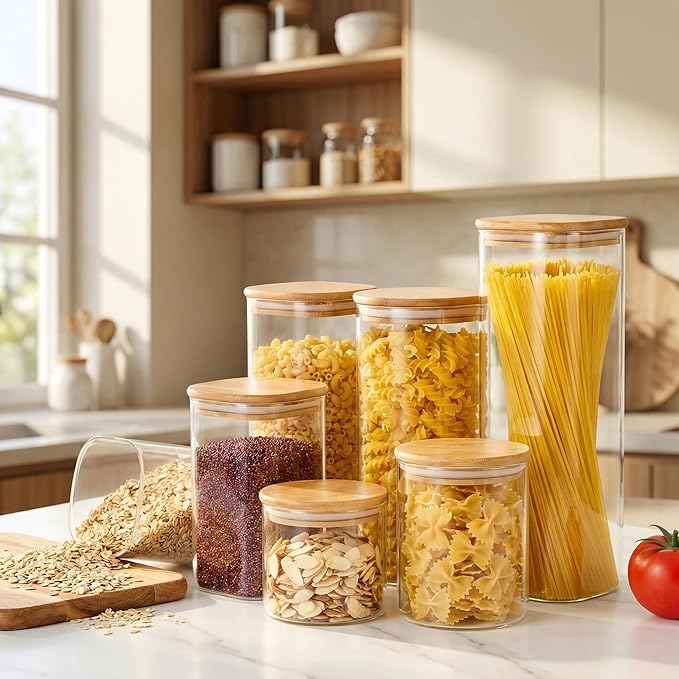 HomArtist Square Glass Jars with Bamboo Lids 53 FL OZ [Set of 4], Glass Canisters with Airtight Lid, Glass Food Storage Containers for Pasta, Cereal, Coffee, Flour, Sugar, Best for Kitchen & Pantry