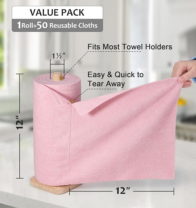 UPSTAR Microfiber Cleaning Cloth, Reusable Paper Towels Rolls, Dish Rags for Washing Dishes, Kitchen, Bathroom, Car, 12x12 inch, 50 Packs/Roll, Pink