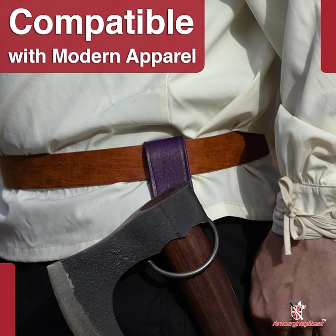 Armory Replicas - Hand Forged Medieval Viking Battle Axe Holder - Genuine Bovine Leather Functional Costume O-Ring Weapon Belt Holster