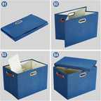 17" Large Collapsible Storage Bins with Lids, Stackable Closet Organizers with PU Handle and Labels, 3-Pack Decorative Fabric Storage Boxes for Home, Bedroom, Closet, Office, Nursery(Navy)