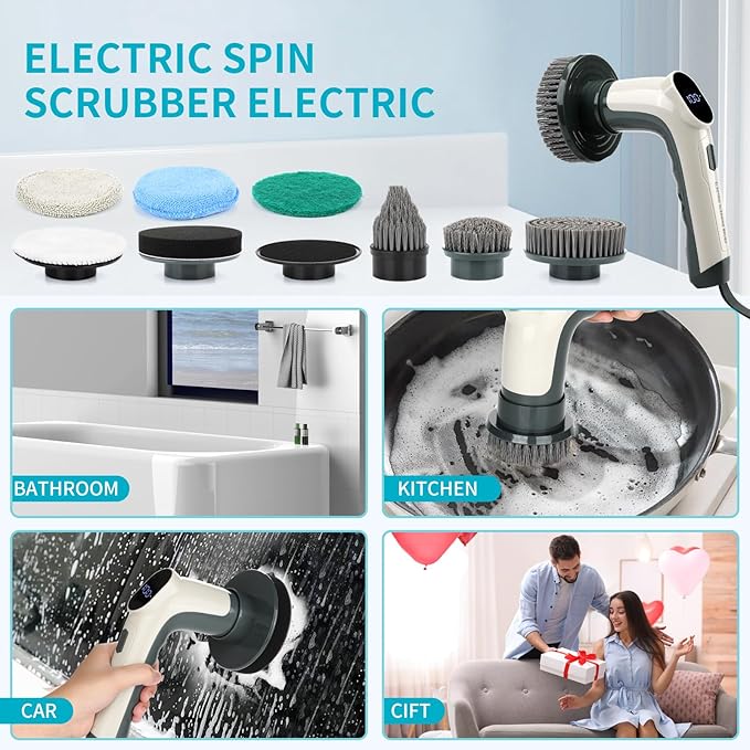 Electric Rotary Cleaner with Led Screen, 8 Replaceable Brush Heads, 2 Speeds, Handheld Electric Multifunctional Cleaning Brush, Used for Cleaning of Floors, Windows, Bathtubs, Cars, Bathrooms