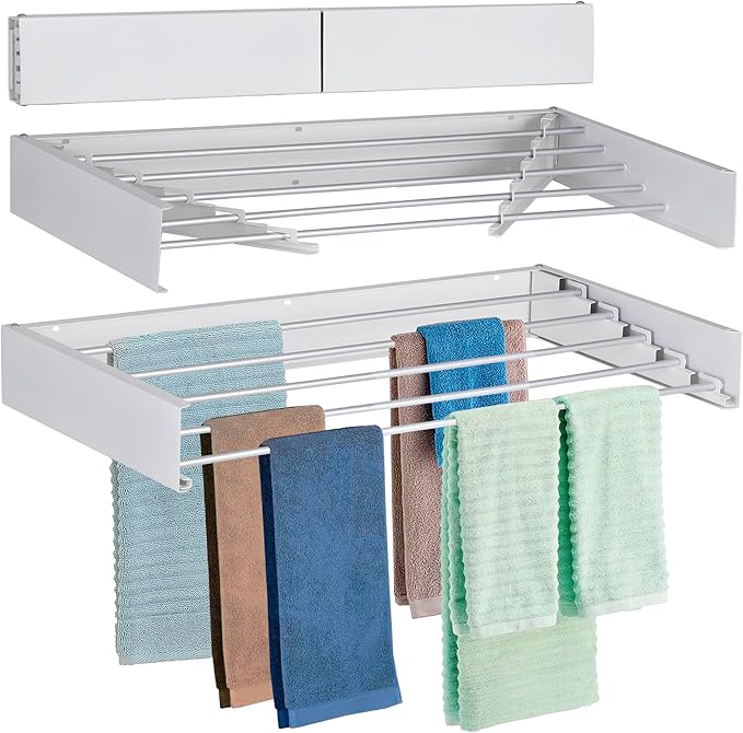 FOCHIER F Laundry Drying Rack Wall Mounted Clothes Drying Rack Foldable with 5 Aluminum Rods and Drilling Template Long Screwdriver Bit 60 lbs Capacity (White, 40")