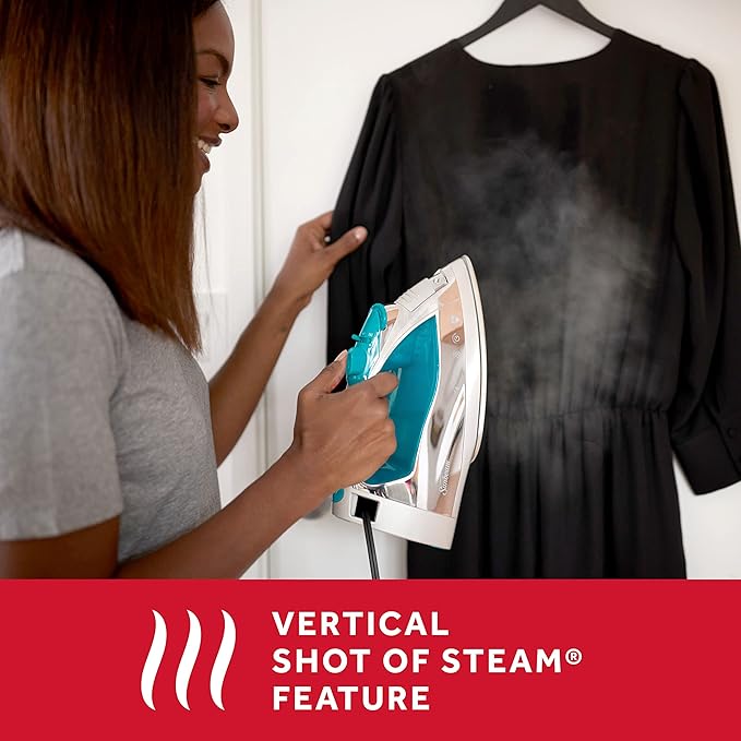 Sunbeam Turbo Steam Iron, 1400 Watt, Nonstick Ceramic Soleplate, Horizontal or Vertical Shot of Steam, Quick Heating, 3-Way Auto-Off, White and Chrome (Chrome/Teal)