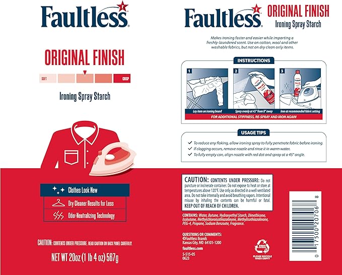 Laundry Starch Spray, Faultless Original Hold Ironing Enhancer Spray Starch for a Smooth Iron Glide on Clothes & Fabric (20oz 2 Pack) Even Spray, Easy Iron Glide, No Reside