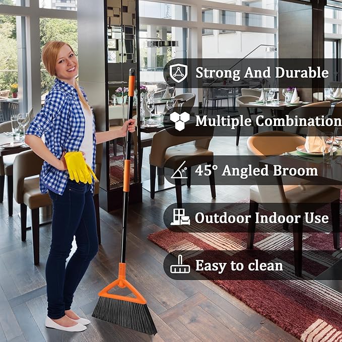 3 Pack Outdoor Indoor Broom, Brooms for Sweeeping Indoor, Heavy-Duty Kitchen Broom with Long Pole, Angle Broom Orange for Garages Restaurant Courtyard Office Slidewalk Lobby Sweep Dust
