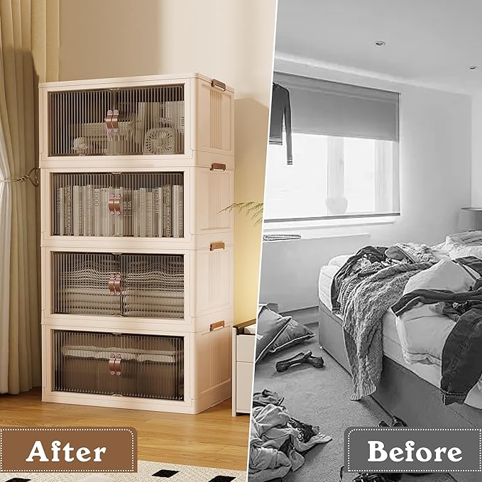 SAILUN 109Gal/434Qt Stackable Storage Bins Folding Collapsible Storage Bins with Lid, Closet Organizers and Storage Box Beige 26" W x 17" D x 56.7" H