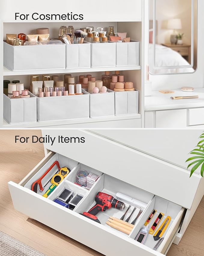SONGMICS Drawer Organizers, Dresser Divider Organizers, Set of 18, Foldable Fabric Storage Boxes for Socks, Underwear, Bras, Ties, Scarves, Cloud White URDZ006W03