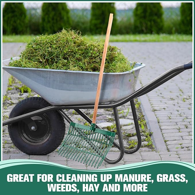 Lasnten Manure Fork Replacement Head, 18 Tines Pitchfork Head with Screws and Nuts, Horse Manure Rake for Picking up Grass and Hay(Army Green,2 Pcs)