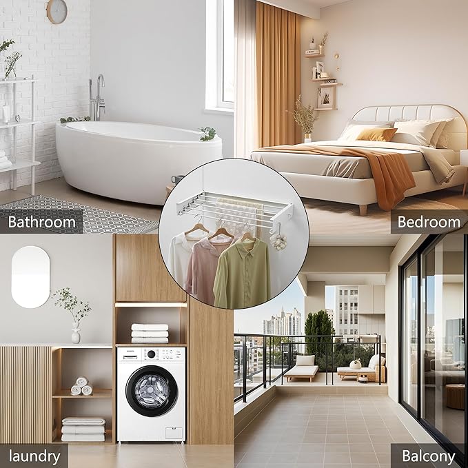 Clothes Drying Rack,Laundry Hanging Rack Collapsible,Wall Mounted Drying Rack for Laundry,Foldable Drying Rack Indoor Outdoor,31.5" Wide,5 Aluminum Rods with Hooks, 60 lb Capacity (White 31.5" Hooks)