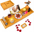 Foldable Bathtub Caddy Tray, Bamboo Bath Tub Tray Table for Tub with Wine Glass Holder Book Phone Tablet Holder with Extending Sides, Adjustable Bathroom Bathtub Free Soap Holder Gift Idea (Beige)