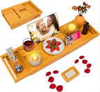 Foldable Bathtub Caddy Tray, Bamboo Bath Tub Tray Table for Tub with Wine Glass Holder Book Phone Tablet Holder with Extending Sides, Adjustable Bathroom Bathtub Free Soap Holder Gift Idea (Beige)