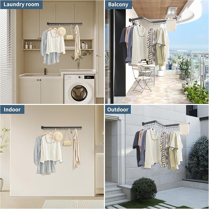 Drying Rack Clothing, Clothes Drying Rack Suitable for Laundry Room and Indoor as Outdoor, with Foldable Features, Wall Mounted Drying Rack, Retractable Clothesline with 30 Windproof Hooks (Black)