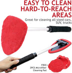 TAKAVU Windshield Window Cleaner Tool, Extendable Long-Reach Handle, Unique Pivoting Triangular Head, 3 Washable Reusable Microfiber Bonnets, Car & Home Inside Interior Exterior Use - Lint Free (Red)