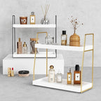 Forbena Bathroom Organizer Countertop, Counter Organizer for Bathroom Decor, Wooden Sink Shelf for Vanity Storage, Makeup Tray for Perfume Skincare Bedroom Kitchen Corner (2 Tier, White and Gold)