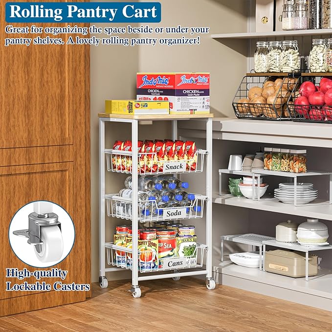 4-Tier Small Kitchen Storage Cart on Wheels with Pull-Out Drawers, Rolling Pantry and Snack Organizer Cart with Wood Top, Kitchen Floor Fruit Basket Stand for Fruit Potato Onion Veggie Snack