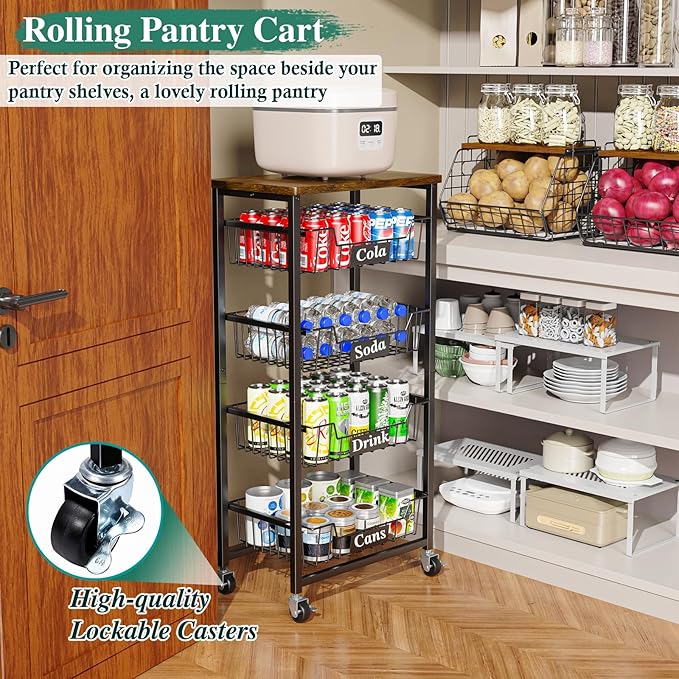 Fruit Basket, 5-Tier Utility Kitchen Organizer and Storage Cart with Pull-Out Baskets and Wood Top, Rolling Pantry Kitchen Cart on Wheels for Fruit Potato Onion Vegetable Snack Produce