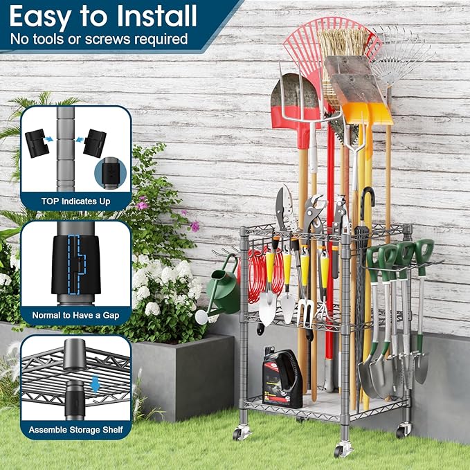 T1 Garden Tool Organizer（with Lockable Wheels） Heavy Duty Garage Tool Storage for Yard，Shed，Outdoor and Lawn，Freestanding Tool Organizers and Storage UP to 50 Tools，Grey with Anti-Tip Device