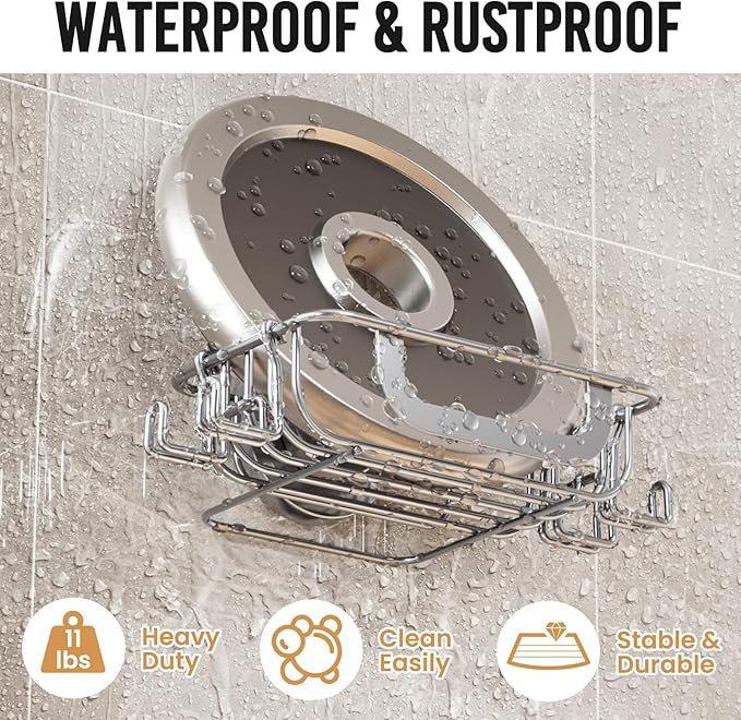 LEVERLOC Soap Holder Dish with Hooks for Shower, Bar Suction Cup Soap Tray Wall Mounted, Rustproof Stainless Steel No-Drilling Sponge Holder Caddy for Bathroom Bathtub Kitchen Sink, Silver