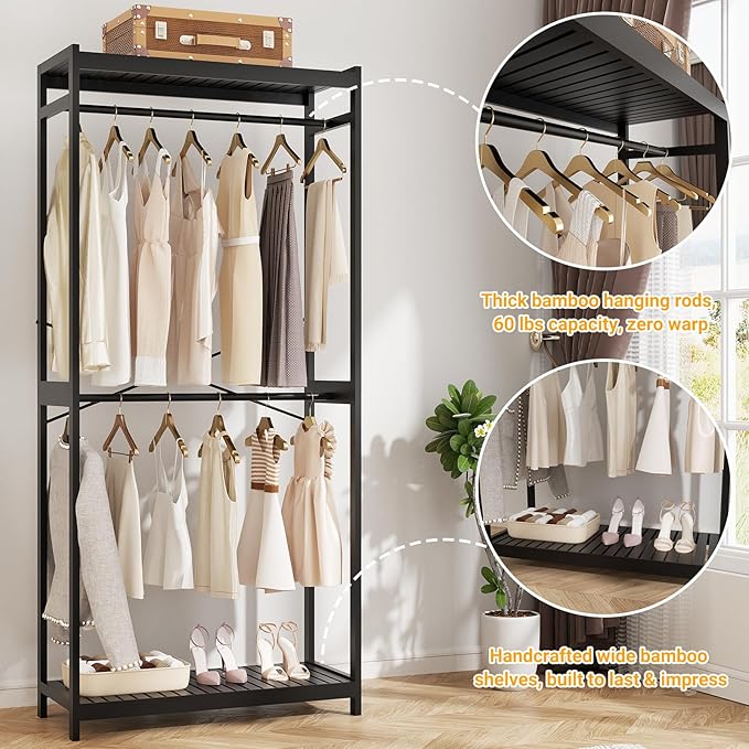 Homykic Bamboo Clothes Rack with Shelves and Double Hang Rods, Portable Closet System Garment Rack for Hanging Clothes, Tall Clothing Rack Corner Closet Organizer, Easy to Built, Freestanding, Black