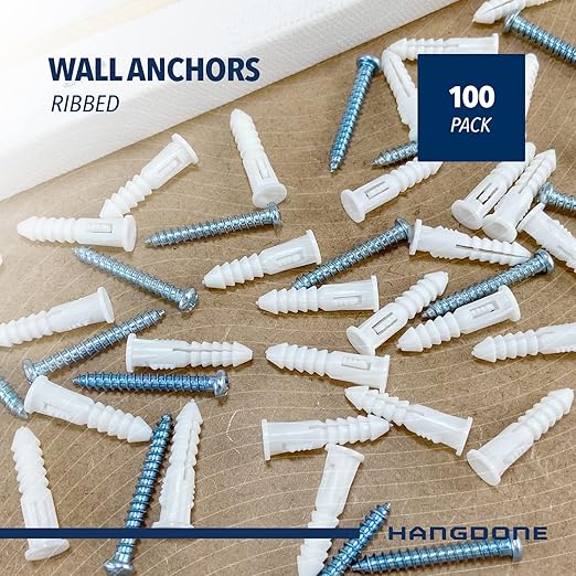 Ribbed Wall Anchors #8-#10 1-Inch with Screws 100-Pack, White, Plastic Anchor for Drywall/Concrete, Pan Head Phillips Screw Included