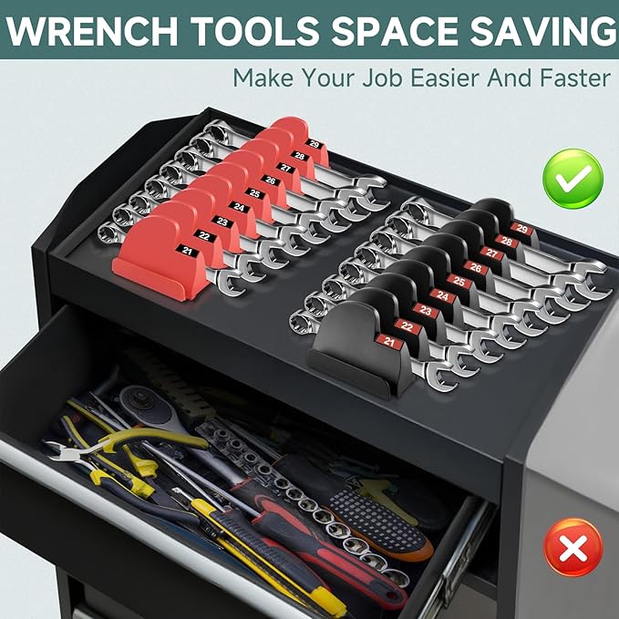 48PCS Magnetic Modular Wrench Organizer,Wrench Holders Organizers with Metric & SAE Label for Tool Drawer Storage -Red with Magnets