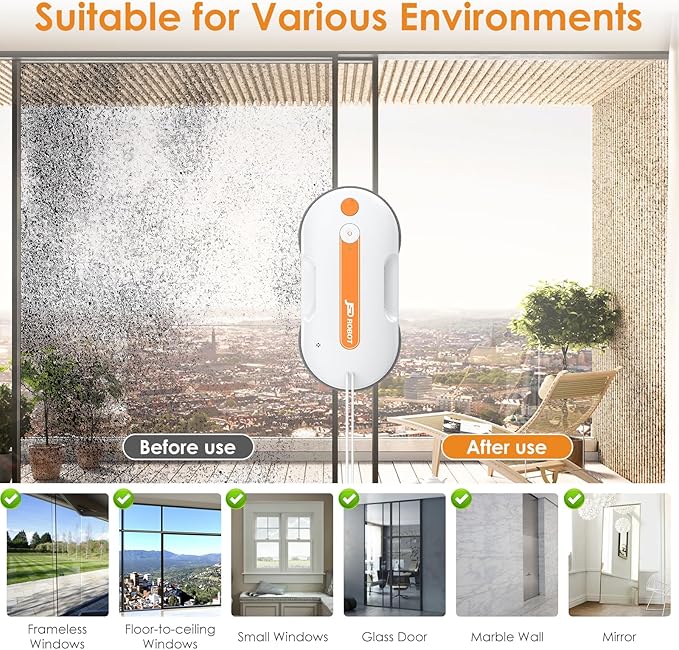 Lite Window Cleaning Robot,5300Pa Window Cleaner Robot with Pressured Wiping Dual Water Spray Close to The Border Wipe Edge Detection Intelligent Path Plan