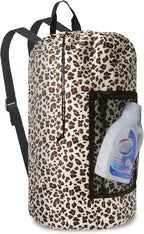 Laundry Bag Backpack Durable Laundry Bag with Shoulder Straps and Mesh Pockets Portable Laundry Dirty Clothes Hamper Bag for College Dorm (Leopard Print)