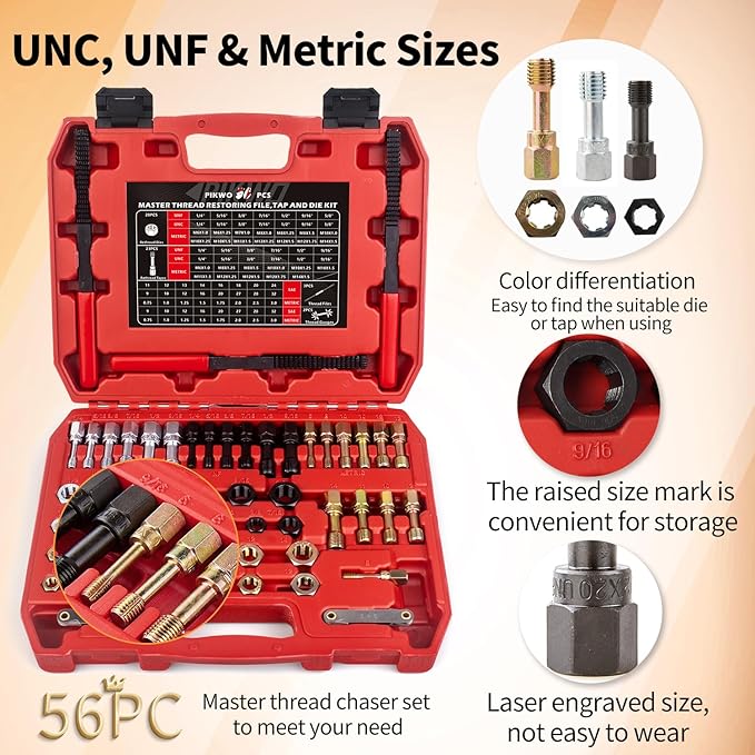 56Pcs Thread Chaser Repair Kit, Rethread Repair Tool, UNC UNF & MetricThread Restorer Set with Thread Pitch Gauge