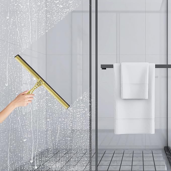 2-Pack Shower Squeegee for Glass Doors, 12 inch Gold Stainless Steel & 5 inch Pink Mini with 2 Gold Hooks, Non-Slip Hammered Handle, Silicone Wiper for Shower, Bathroom, Tile and Mirror