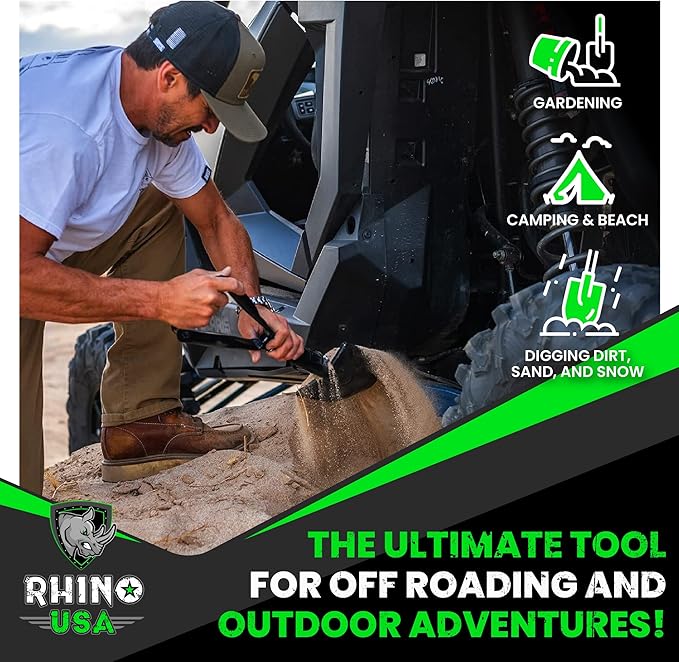 RHINO USA Folding Survival Shovel w/Pick - Heavy Duty Carbon Steel Military Style Entrenching Tool for Off Road, Camping, Gardening, Beach, Digging Dirt, Sand, Mud & Snow.