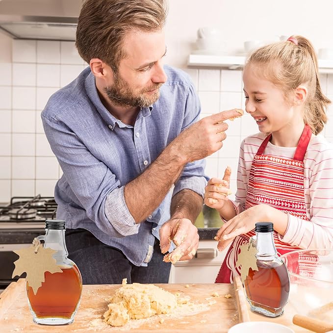 8 oz Maple Syrup Bottles with Loop Handle Black Aluminum Lids and Cotton Twines, Clear Glass Bottles with Round Tag, Maple Syrup Jars Container Sample Bottles for Gift Juice Milk Sauce Storage (12)