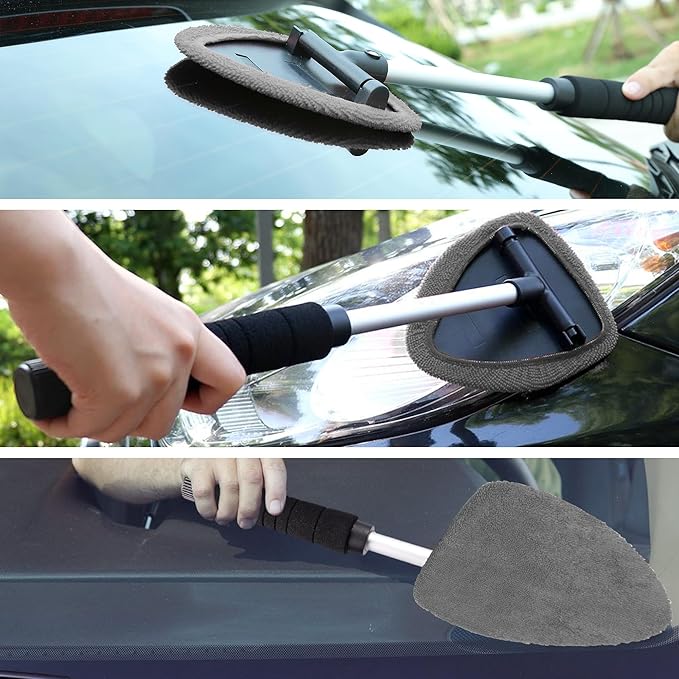 TAKAVU Car Window Cleaning Tool, Windshield Wiper Cleaner with Extendable Long-Reach Handle, 3 Washable Reusable Microfiber Bonnets, Car & Home Inside Interior Exterior Use - Lint Free (Grey)