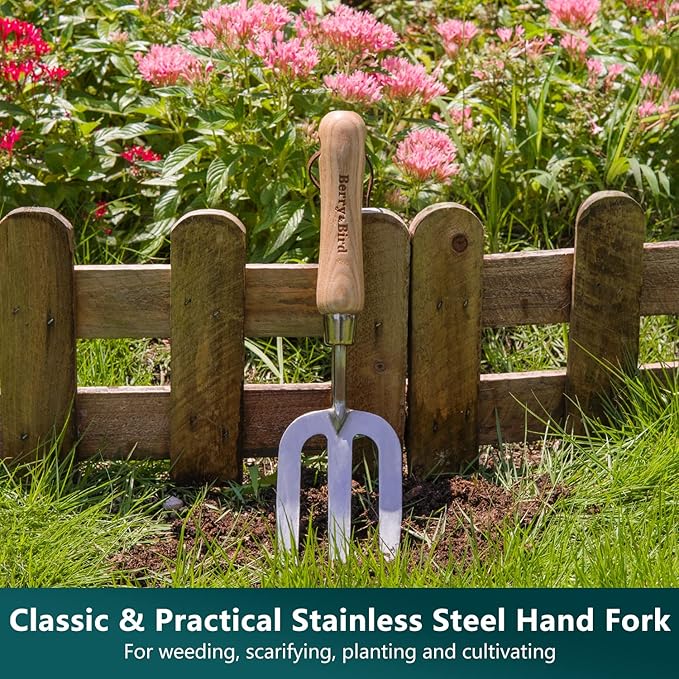 Berry&Bird Garden Tool Set- 3PCS Stainless Steel Gardening Tool Sets with Wooden Handle Trowel Weeding Fork & Digging Shovel Hand Tool Kit for Planting, Ideal Gardening Gift for Women & Men