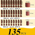 Asieg Tool Sanding Drum Kit 142Pcs 80Grit, 1/2" & 3/8" & 1/4" Diameter Drum Sanding Band with 3.17mm Shank Mandrels for Drill Dremel Rotary Tools Nails Drill