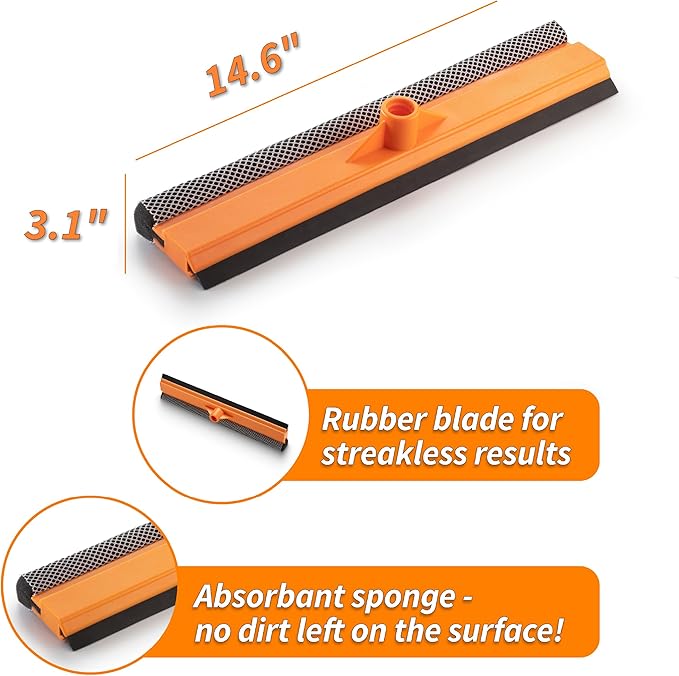 15" Window Washer Squeegee Attachment // Multi-Use Squeegee for Car and Window Cleaning Fits All Extension Poles with Standard Acme Thread // Professional Window Cleaning Tool (Pole Sold Separately)