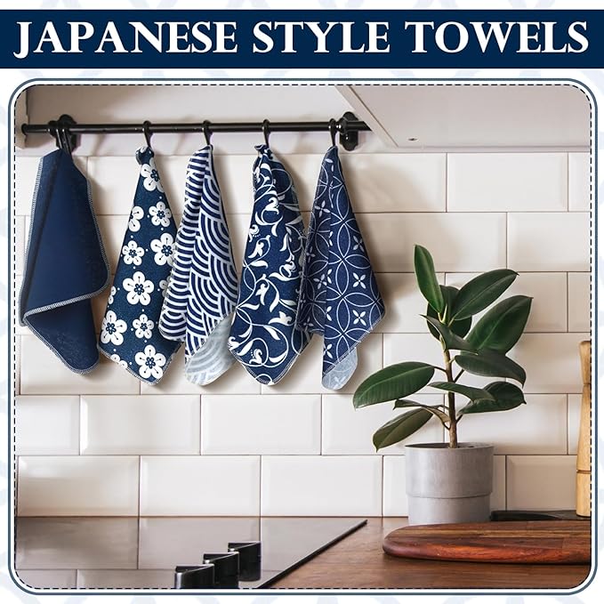 36 Count Reusable Cleaning Cloths Washable Cotton Kitchen Towels for Home(Japanese Style,Blue)