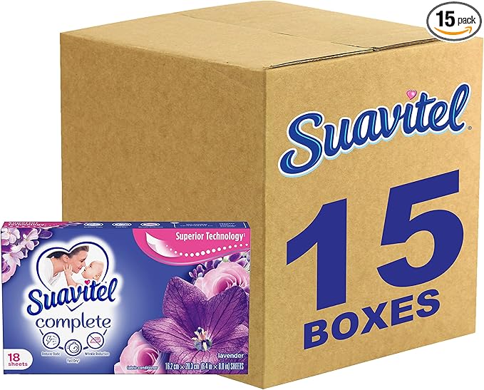 Suavitel Complete Dryer Sheets, Fabric Conditioner, Lavender Scent, 18 Sheets