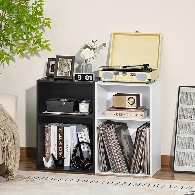 YAHARBO 2 Cube Bookshelf, White Record Player Stand with Vinyl Storage Up to 100 Albums, Horizontal Low Book Shelf, Mini Bookcase with Storage Organizer, Small Turntable Stand for Living Room, Bedroom