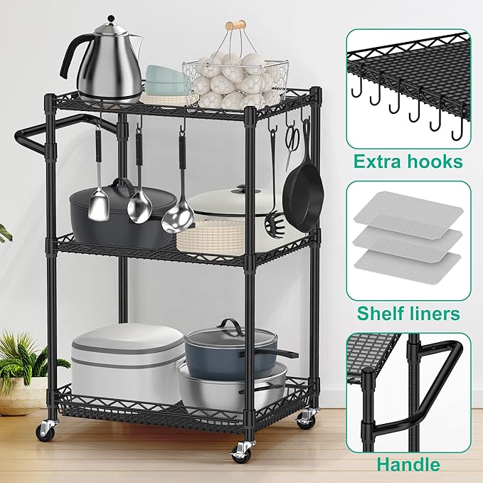 3 Tier Rolling Cart with Wheels, Metal Utility Cart for Storage Heavy Duty Wire Trolley for Kitchen Serving Grocery Food with 3 Shelf Liners 6 Hooks, 18 x 23.8 x 37 Inches, Black