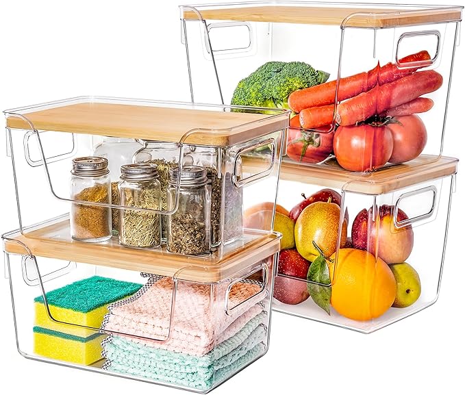 Criusia 2 Large and 2 Small Pantry Organizers and Storage with Bamboo Lids, Stackable Clear Bins for Onion, Potato, Fruit, Vegetables, Trash Bag Dispenser, Kitchen and Under Sink Organizer