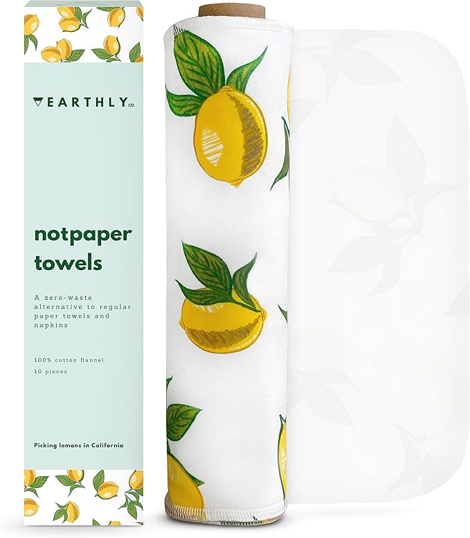 Reusable Paper Towels - 10 Pack - Roll of Washable Cotton Cloth Paper Towels - Paperless Reusable Napkins Cloth Washable - Absorbent + Long Lasting - Zero Waste Products - (Lemon)