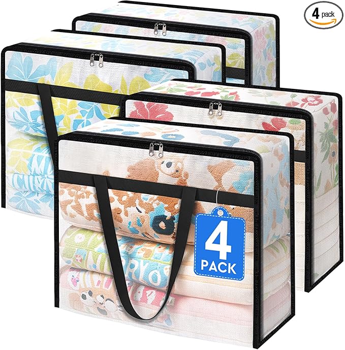 TasticTotes 4 Pack Clear Storage Bags for Comforter, Clothes & Bedding, Plastic Blanket Storage with Zipper and Handle, Moving Bags, Closet Organizer and Under-Bed Storage (90L)