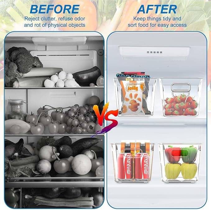 4 Pack Plastic Storage Bins with Lids, Clear Stackable Organizer with Handle, Kitchen Pantry Organizers and Storage, Perfect for Pantry, Refrigerator, Fridge, Bathroom, Cabinet, Closet, Kitchen