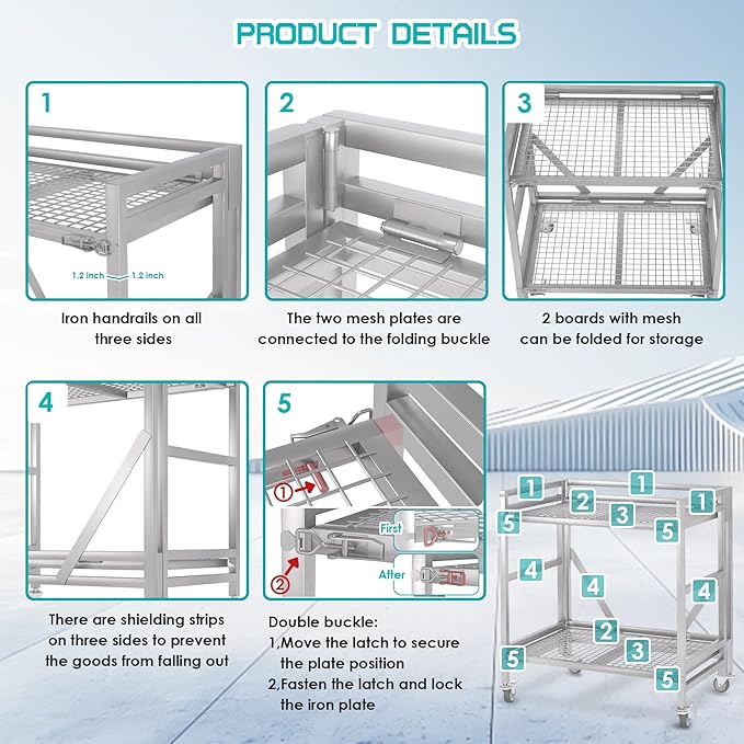 2 Shelf Rolling Cart with Wheels, 660lbs Capacity Collapsible Steel Rolling Utility Cart, Heavy-Duty Foldable Hand Truck, Metal Storage Carts with Handle for Groceries, Warehouse (36" Lx26 W)