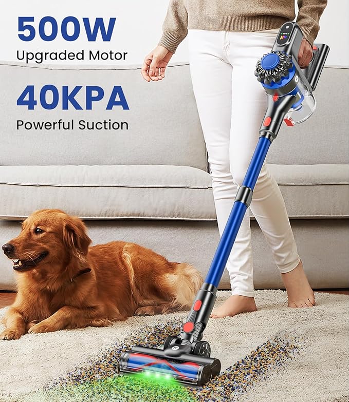 Cordless Vacuum Cleaner, 500W/40Kpa Vacuum Cleaners for Home, 60Mins Stick Vacuum with LED Display, Anti-Tangle & Wall Mount Charging, 8 in 1 Lightweight Vacuum for Hard Floors Carpet Pet Hair