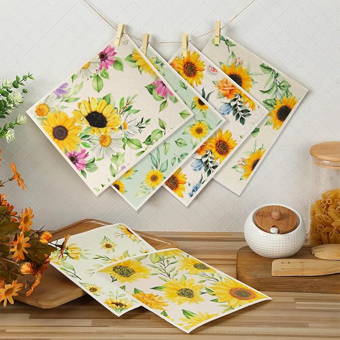 6 - Pack Swedish Kitchen Dish Cloths - Reusable Paper Towels for Counters & Dishes - Eco Friendly Cellulose Sponge Cloth - Assorted (Sunflower)