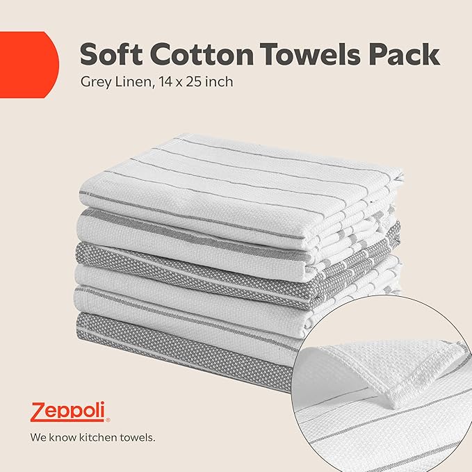 Zeppoli Classic Kitchen Towels - 6 Pack 100% Natural Cotton Towel Set, Reusable Wash Cloths, Absorbent Dish Towels, Machine Washable Hand Towels, Kitchen Essentials, 20” x 28” - Gray VAR